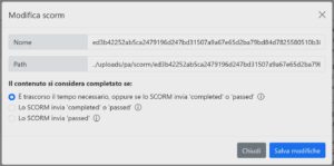 Condizioni di completamento di uno scorm su TLp. Tre opzioni selezionabilicon radio button per meglio adattare e personalizzare alla propria necessità il tracciamento.